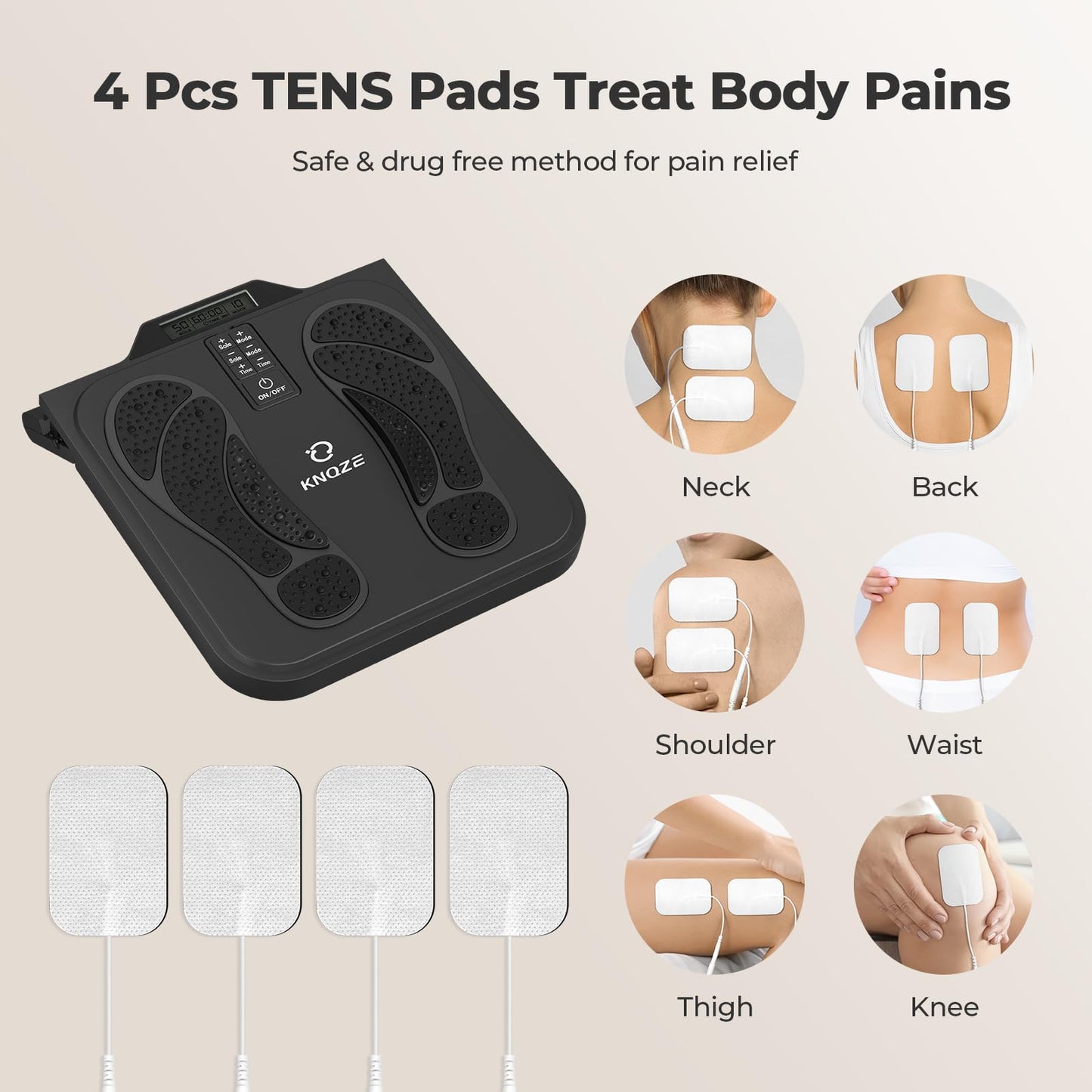 KNQZE Foot Massager for Neuropathy, Rechargeable TENS EMS Foot Nerve Circulation Stimulator with 10 Modes 50 Intensities, 4 Body Pads, Relieve Cramps, Plantar Fasciitis, Gifts for Mom Dad