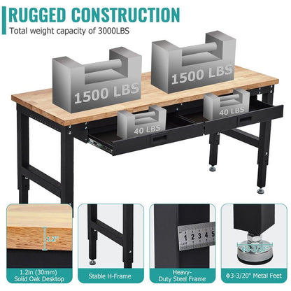 60" Adjustable Workbench, 3000 Lbs Capacity Heavy-Duty Work Bench Table with Power Outlet & Pegboard, Rubber Wood Top Garage Work Table with 2 Drawers & Pegboard for Workshop, Garage, Office