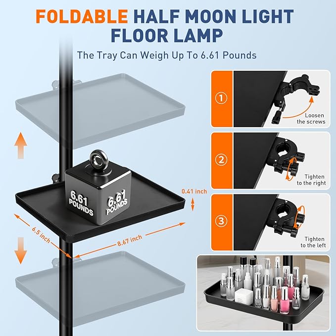 KIRKAS Lash Light Half Moon Lamp with Tool Tray, Flexible Gooseneck Lash Nail Tech for Esthetician Eyelash Extension, Tattoo, 18 Inch LED Floor Lamp with Roller Base Adjustable Brightness Color-Black