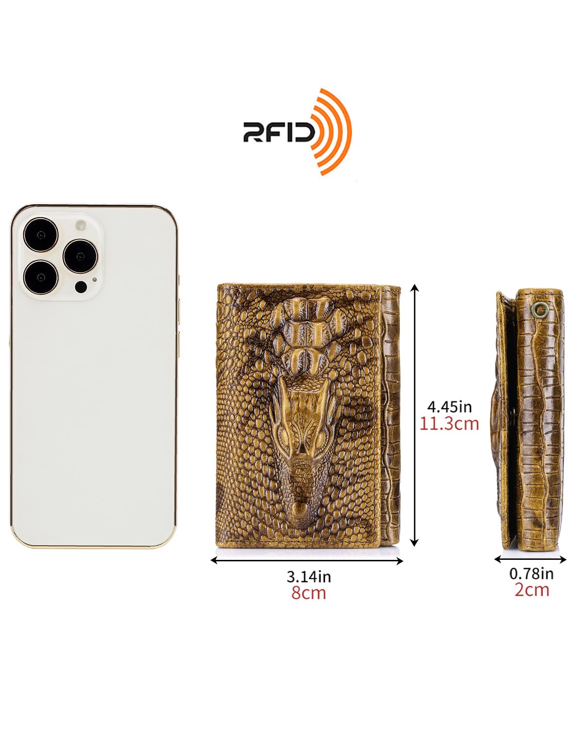 Steel Lion Mens Trifold Wallet Leather RFID Blocking, Crocodile Embossed Slim Wallet with 2 ID Window, 11 Card Slots, Detachable Anti-Theft Chain, Compact Wallet for Business Travel Daily Use (Brown)