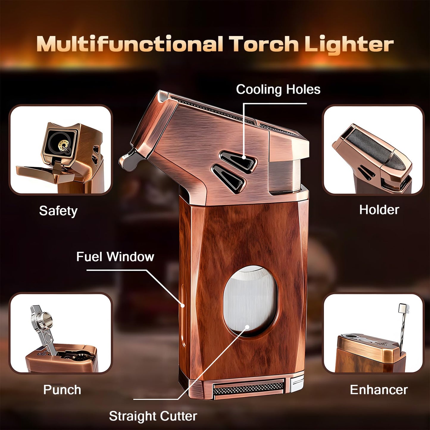 VloEssic Butane Torch Lighter Built-in Cutter, Punch, Holder, Draw Enhancer, Jet Flame Butane Refillable Lighter, Windproof Jet Lighter Adjustable, 5-in-1 Cool Lighters Gift for Men (Without Gas)