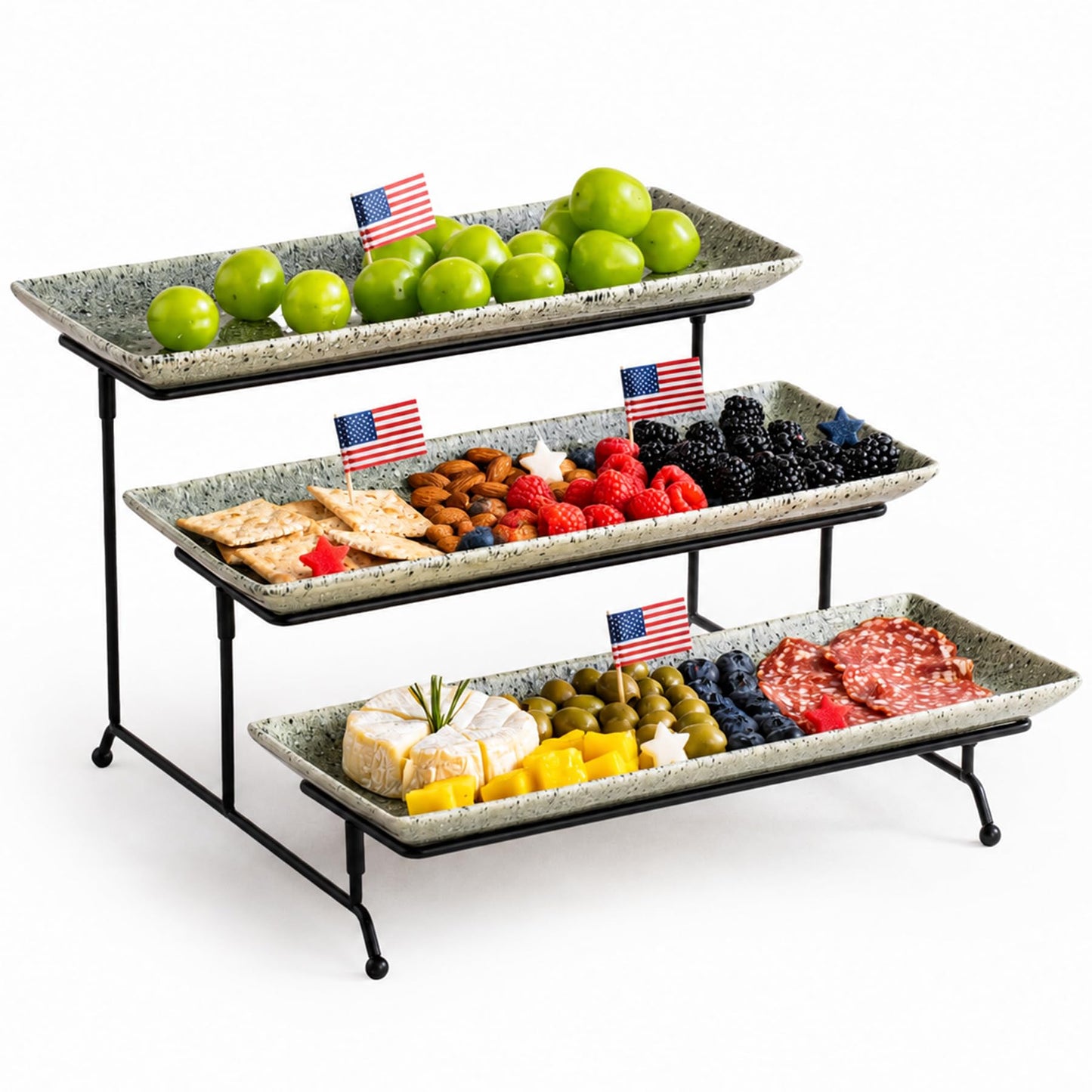 LAUCHUH 3 Tier Serving Trays for Party, 14 inch Dessert Party Display Stand Serving Platters and Trays with Collapsible Sturdier Rack for Father's Day Serving Food, Speckled Gray
