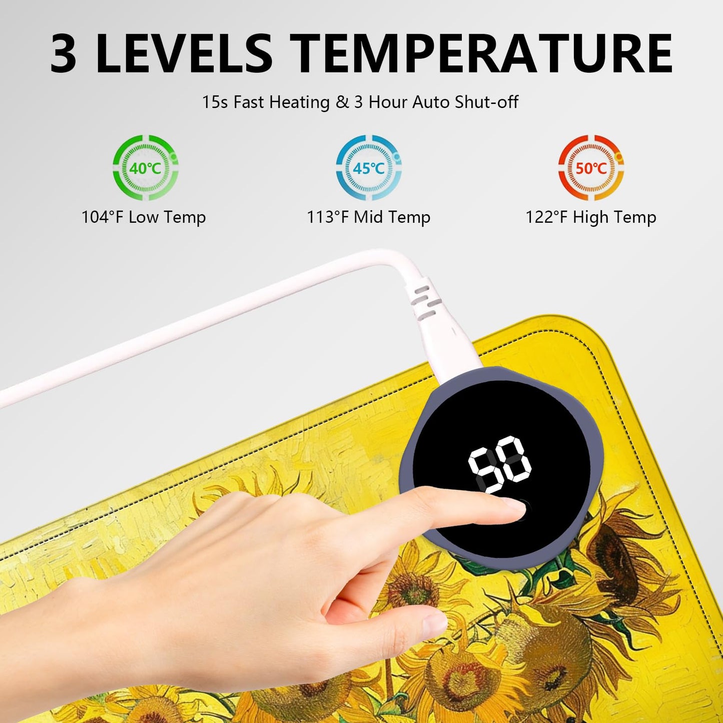Heated Mouse Pad with 3 Levels Heated & 3 Hours Auto Shut-Off Mouse Pad for Warming Hands in Office Home, 31.5" x 13"Large Safe Desk Mat Hand Warmer，Sunflowers