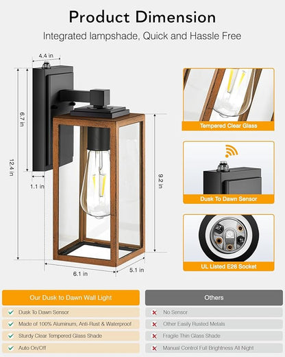 VIANIS 2 Packs Garage Light Outdoor, Dusk to Dawn Outside Wall Lights Fixture for House, Wood Grain Coach Lantern with Toughened Glass, Farmhouse Sconce Wall Mount for Entryway, Hallway, Garage