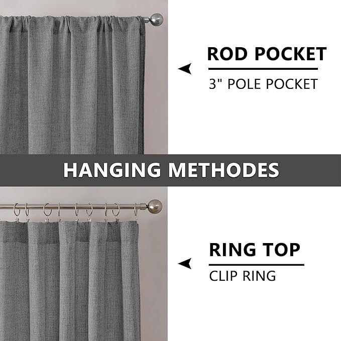 Tollpiz Linen Curtain Bedroom Rod Pocket Semi Sheer Curtains Burlap Light Filtering Thick Linen Drape for Living Room, 54 x 63 inches Long, Dark Grey, Set of 2 Panels