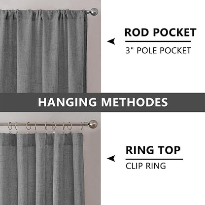 Tollpiz Linen Curtain Bedroom Rod Pocket Semi Sheer Curtains Burlap Light Filtering Thick Linen Drape for Living Room, 38 x 84 inches Long, Dark Grey, Set of 2 Panels