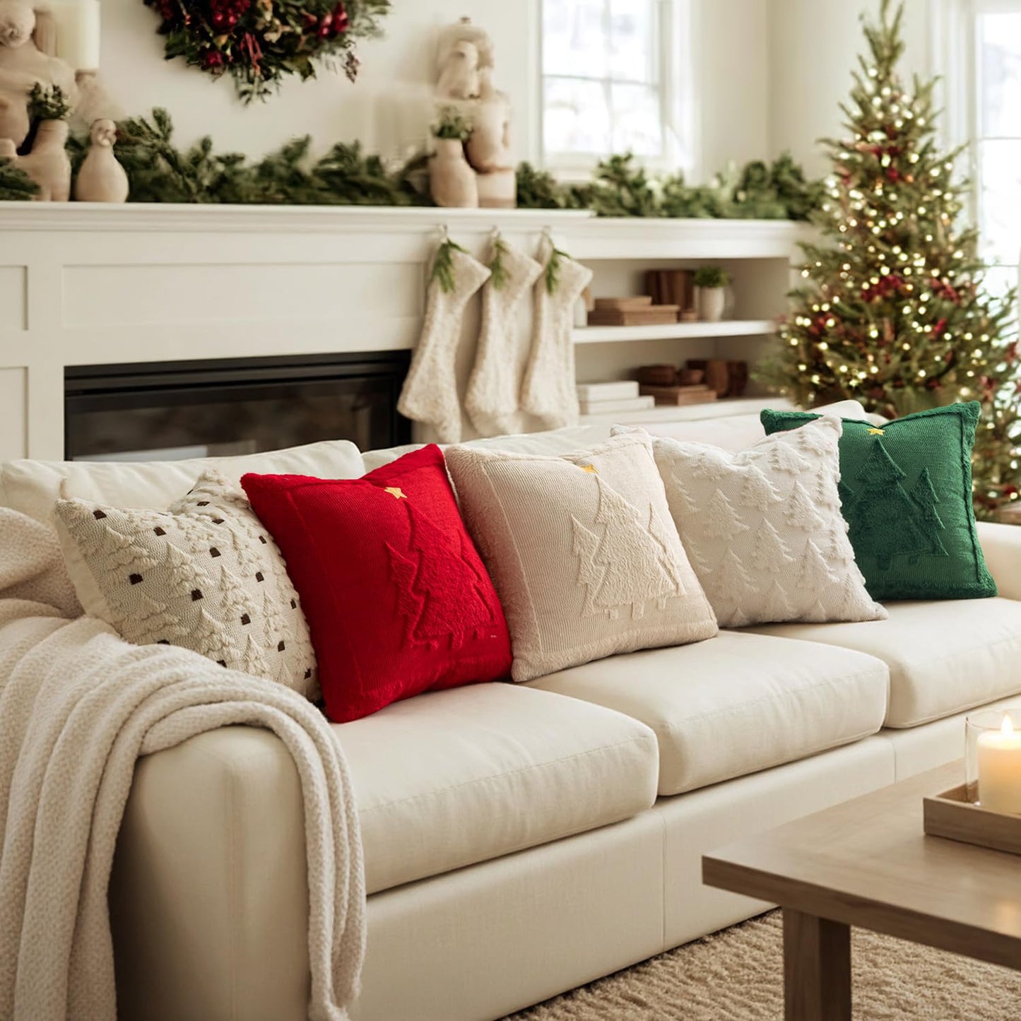 MIULEE Christmas Trees Pillow Covers Set of 2 Decorative Soft Throw Pillows Plush Faux Fur Wool Embroidered Couch Cushion for Holiday Winter Home Decor Chair Sofa Bedroom Living Room,Beige 18x18inch
