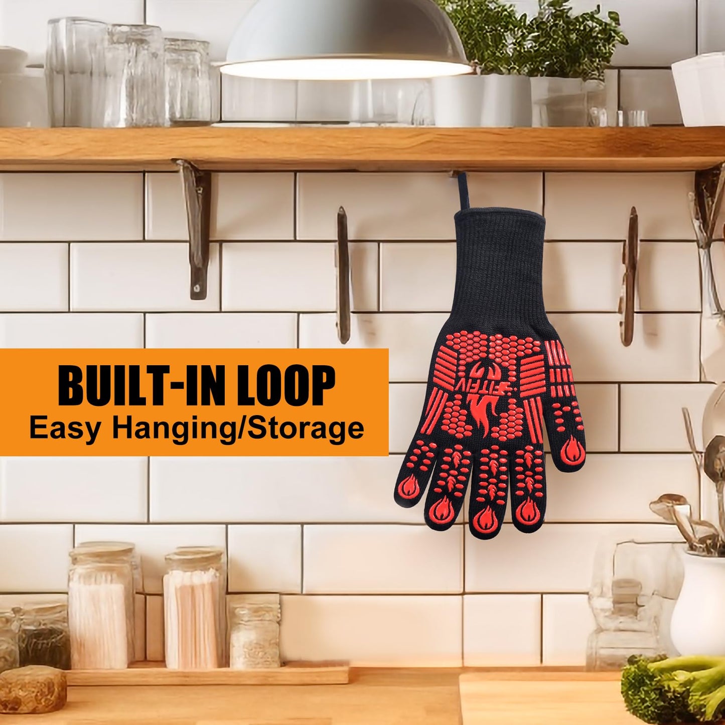 FITFIV BBQ Gloves, Oven Gloves, Extreme Heat Resistant Barbecue Gloves, Silicone Non-Slip Oven Mitts, Kitchen Gloves for Cooking, Grilling, and Baking (Red)