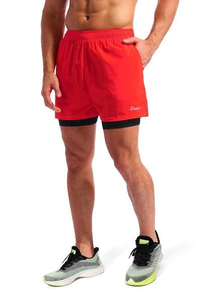 Pudolla Men’s 2 in 1 Running Shorts 5" Quick Dry Gym Athletic Workout Shorts for Men with Phone Pockets(Dark Red Medium)