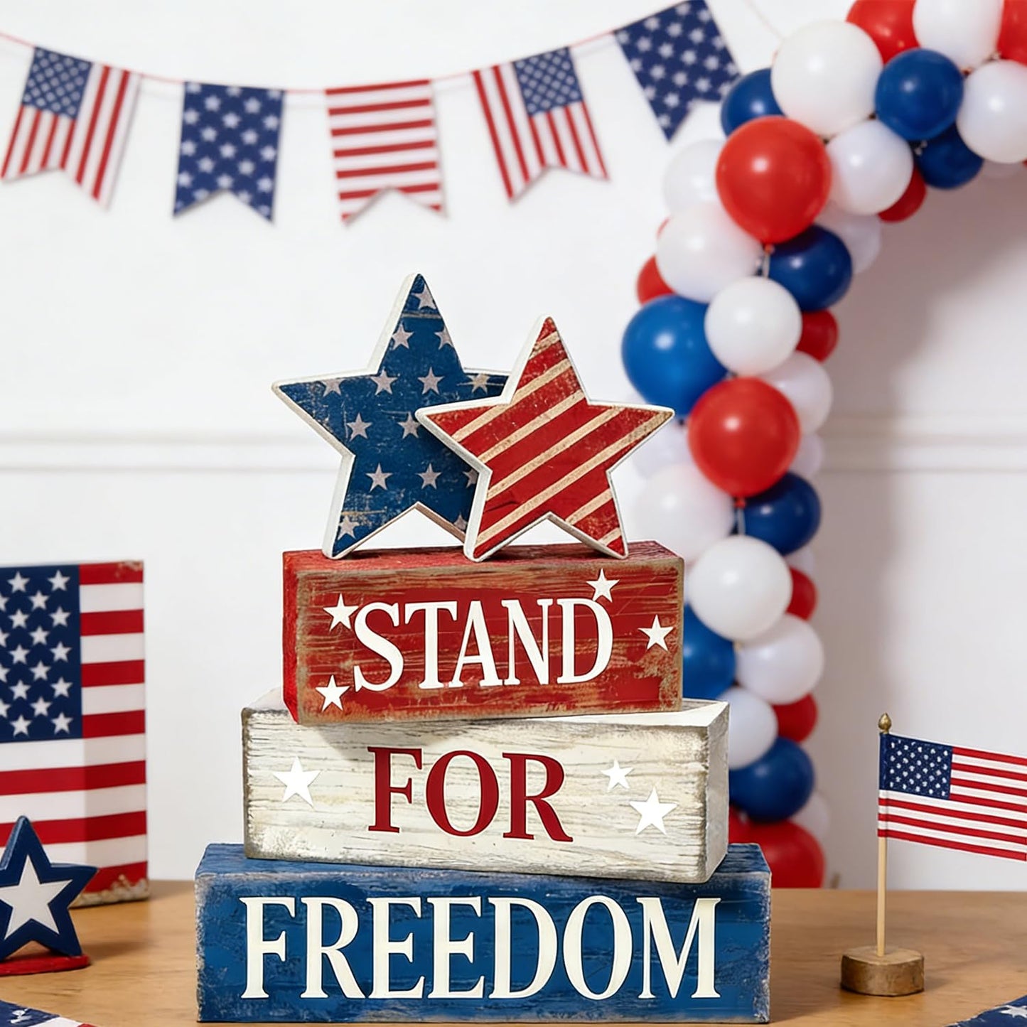 4th of July Table Decorations Patriotic Memorial Day Tiered Tray Decor Wooden Stars Block Signs Independence Farmhouse 250th July Fouth Centerpiece for Tables Wooden Sign for Home Decor