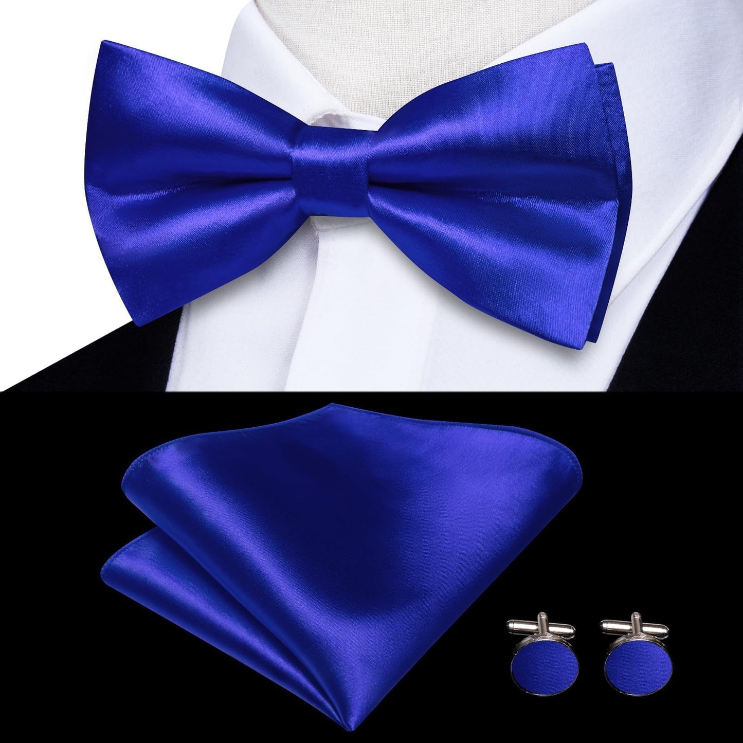 Hi-Tie Royal Blue Satin Suspender Bowtie Set for Men Suspenders Pre-tied Bow Tie Pocket Square Cufflinks Adjustable Y Shape 6 Clips Braces Tuxedo