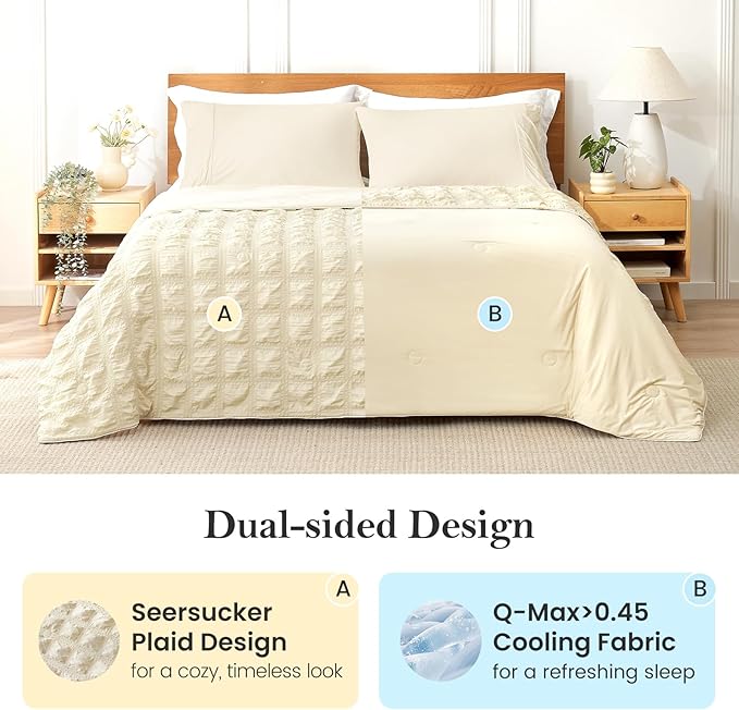 Cozy Bliss Cooling Comforter Seersucker Plaid Queen, Q-Max 0.4 Reversible Lightweight Cooling Blanket, Breathable Silk Smooth Summer Bedding Quilt for Hot Sleepers Night Sweats Khaki