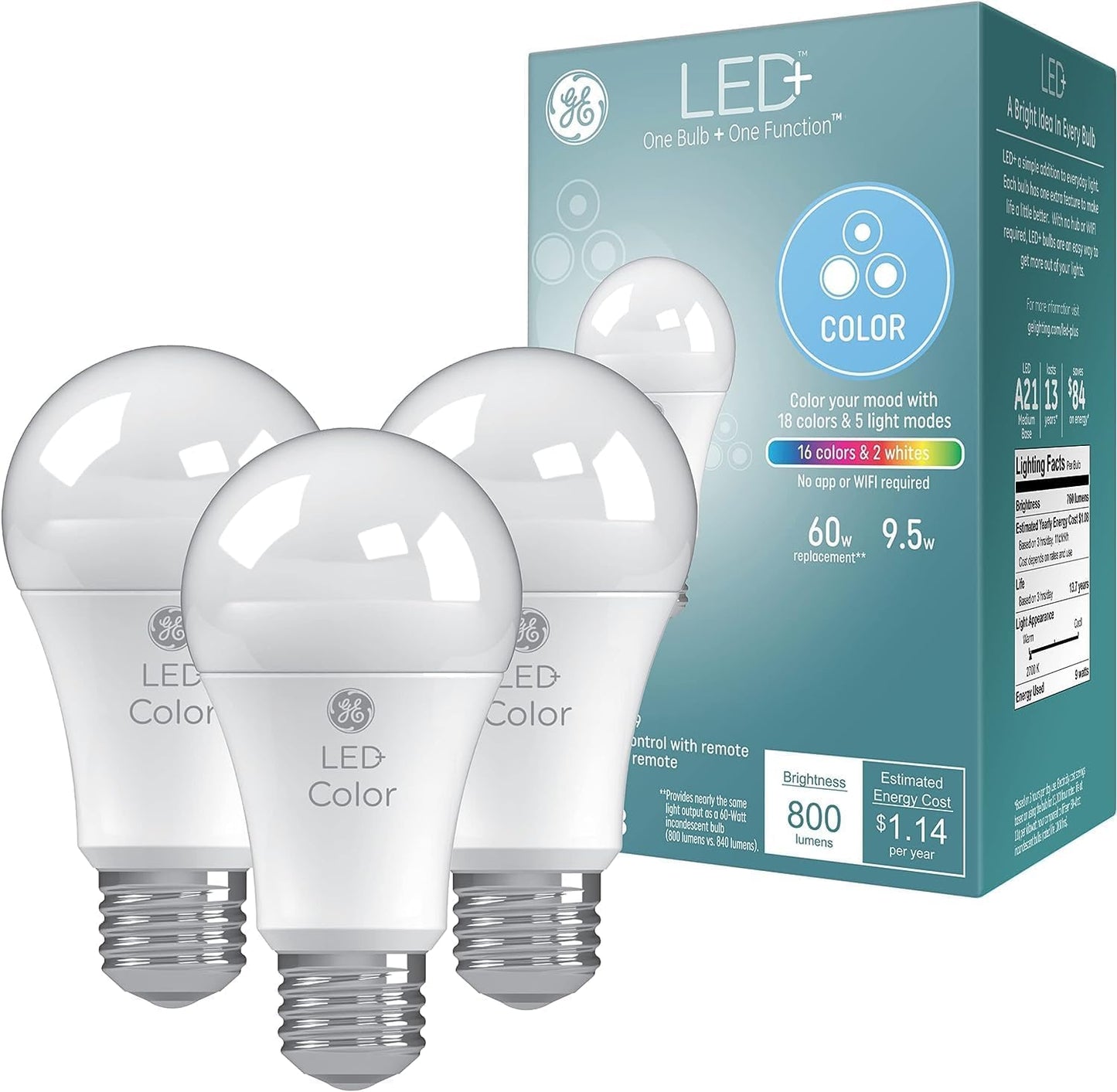 GE LED+ Color Changing LED Light Bulbs with Remote, No App or Wi-Fi Required, A19 Standard Bulbs (2 Pack)