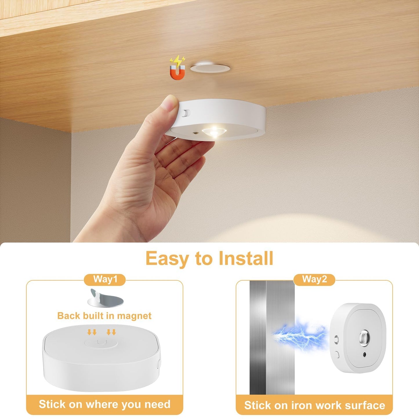 Under Cabinet Lighting, 1500mAh Rechargeable Puck Lights with Remote,13 RGB Colors, Magnetic Stick on Light, Dimmable Wireless Tap Light for Kitchen, Shelf, Pantry(White 6 Pack)