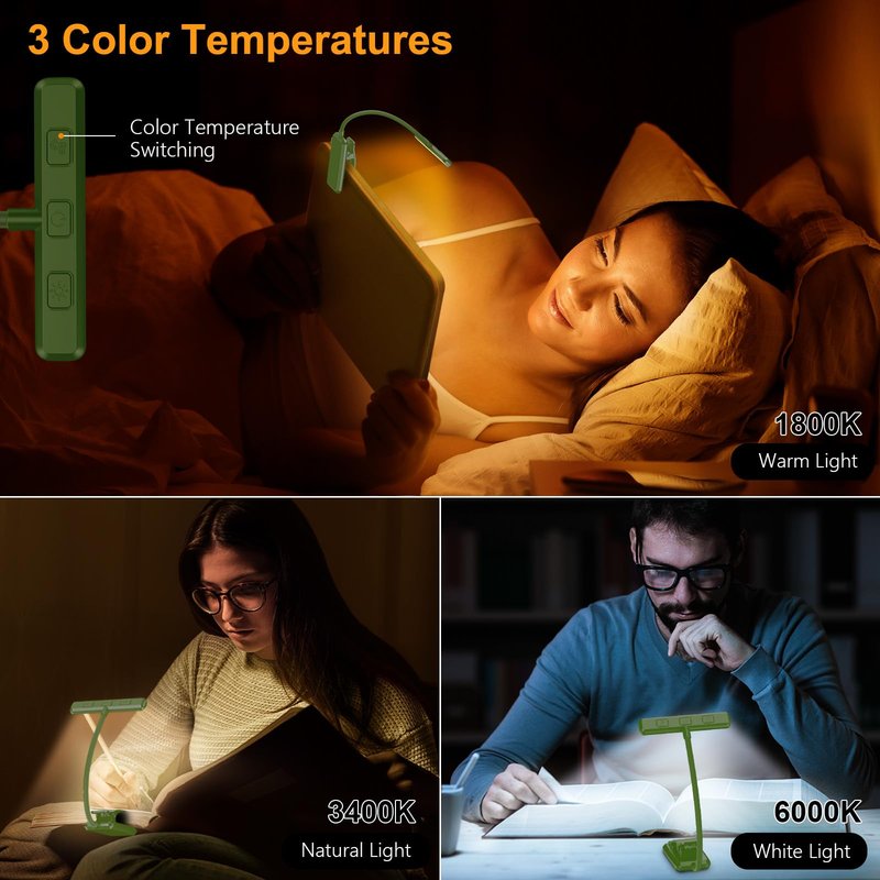 Gritin 19 LED Rechargeable Book Light for Reading in Bed with Memory Function- Eye Caring 3 Color Temperatures,Stepless Dimming Brightness,90 Hrs Runtime Clip on Light for Book Lovers-Dark Green
