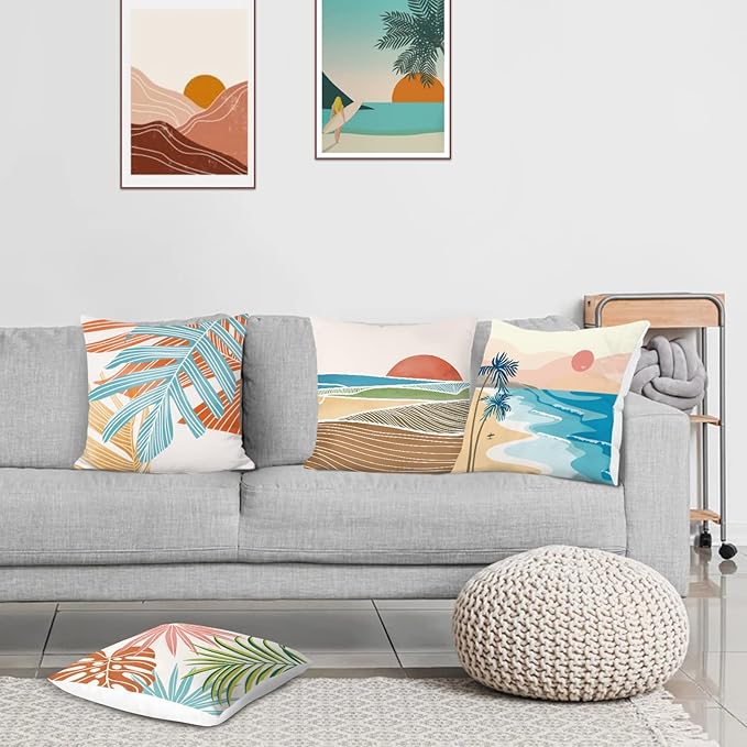 Bonhause Modern Tropical Hawaii Pillow Covers 20x20 Inch Set of 4 Outdoor Palm Leaves Decorative Pillows Case Soft Velvet Tropical Decoration for Patio Garden Bed Home Decor