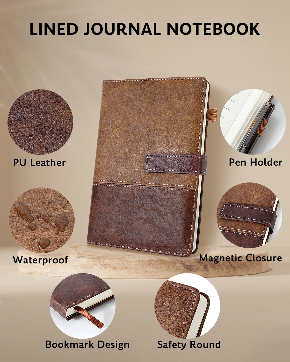 HULIPARK Leather Notebook Journal with Pen, A5 Lined Hardcover Notebook with Magnetic Closure, 240 Pages Daily Journal for Men Women, Ruled Journal Notebooks for Work, Writing, Note Taking - Brown