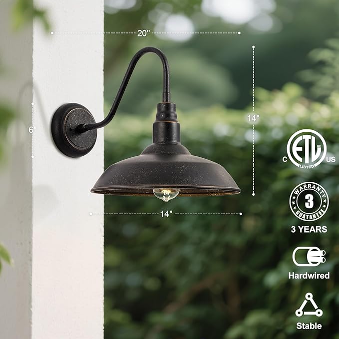 14in Outdoor Gooseneck Barn Light for Farmhouse, Bronze Exterior Wall Light Fixture for Porch, Large Outside Farmhouse Wall Sconce for Garage Patio Doorway House