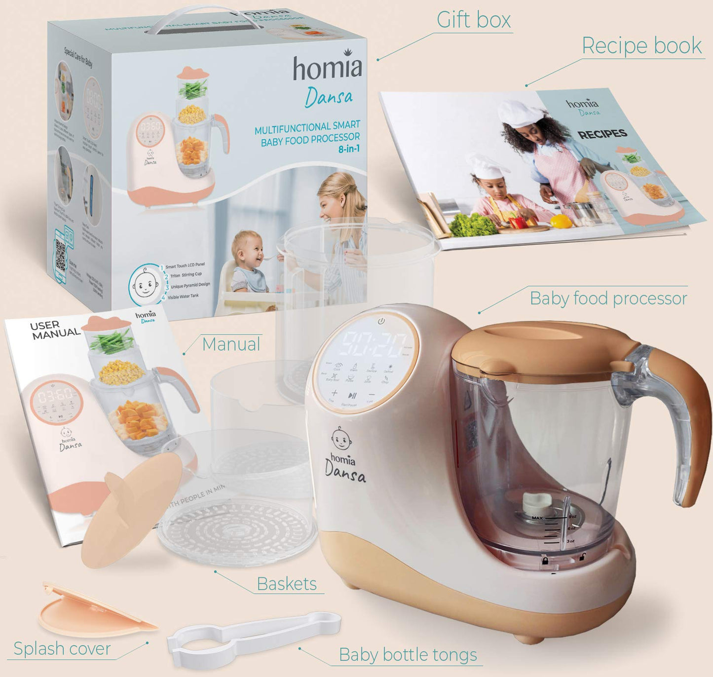 Baby Food Maker Chopper Grinder - Mills and Steamer 8 in 1 Processor for Toddlers - Steam, Blend, Chop, Disinfect, Clean, 20 Oz Tritan Stirring Cup, Touch Control Panel, Auto Shut-Off, 110V Only