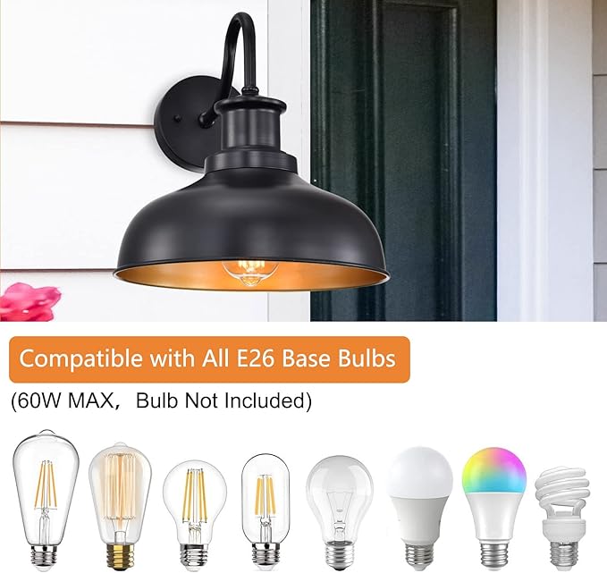 Outdoor Gooseneck Barn Lights, Farmhouse Outdoor Wall Sconces, Rustic Exterior Wall Mount Lights, Vintage Outside Lighting Fixtures, Industrial Black Gold Lanterns for Porch Garage Patio, 2 Pack