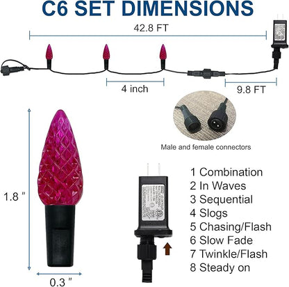 WATERGLIDE Halloween C6 String Lights, 33ft 100 LED Black Wire Fairy Lights with 29V Safe Adaptor, 8 Lighting Mode, Waterproof for Indoor Outdoor Patio Xmas Tree Party Decor, Purple