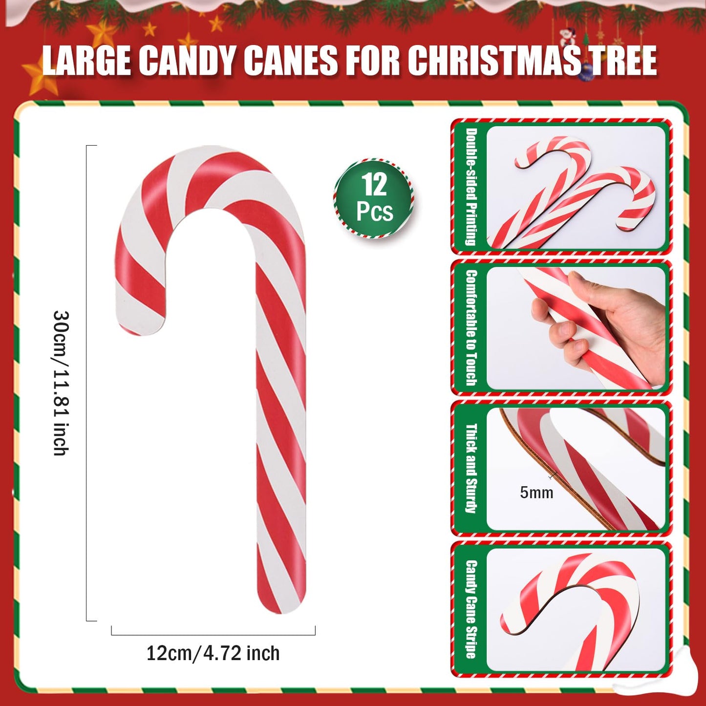 AWIZOM 12 Pcs 11.8 Inch Large Christmas Candy Canes Decorations Red White Wooden Candy Cane Ornaments Rustic Christmas Tree Hanging Decorations for DIY Crafts Xmas Holiday Party Supplies