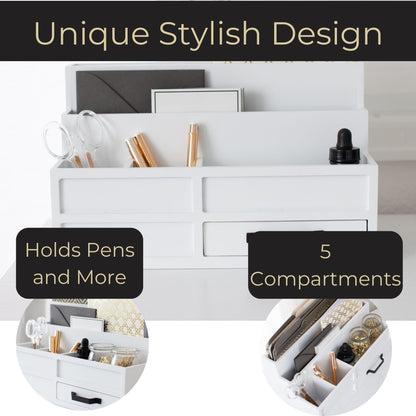 BLU MONACO White Desktop Organizer with Drawer – Paper Wood Bill & Mail Organizer for Office Desk, Countertop & Workspace Storage
