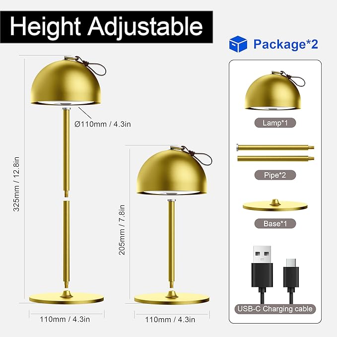 Cordless Table Lamp,8-75 Hours Battery Powered Lights,2-Pack Gold Rechargeable Lamp,Waterproof,Magnetic,Stepless Dimming,Adjustable Height, for Outdoor,Camping,Living Room,Dinner,Night Light