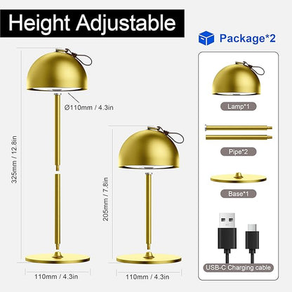 Cordless Table Lamp,8-75 Hours Battery Powered Lights,2-Pack Gold Rechargeable Lamp,Waterproof,Magnetic,Stepless Dimming,Adjustable Height, for Outdoor,Camping,Living Room,Dinner,Night Light