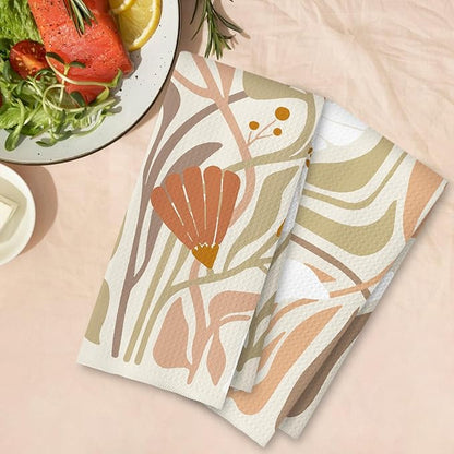 Abstract Boho Beige and White Floral Kitchen Towels Set of 2, 70s Retro Groovy