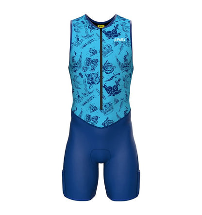 Sparx Men's Premium Triathlon Suit – Padded, Quick-Dry, Compression Fit, Lightweight Tri Suit for Swim, Bike, Run Race & Training (3XL, Blue Tattoos)