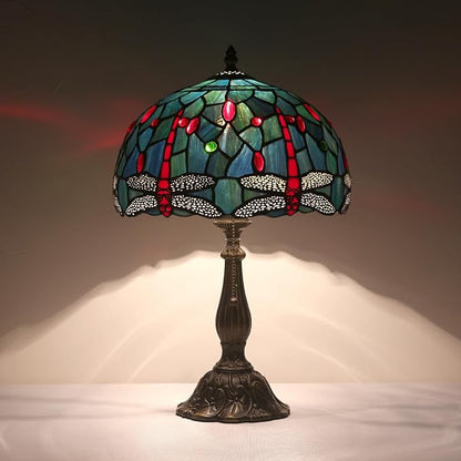 Tiffany Table Lamp Stained Glass Bedside Table Lamp Desk Reading Light 12 Inches Bedroom Living Room Home Office Decor Lamp（Red Dragonfly）