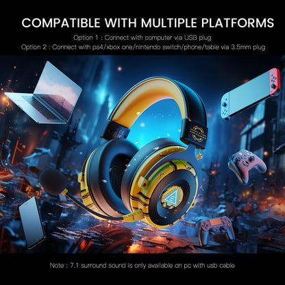 EKSA USB Gaming Headset for PC, Computer Gaming Headphones with Detachable Microphone Noise Cancelling, 7.1 Surround Sound, 50MM Driver, Wired Headset for PS4 PS5, Xbox One, Laptop (Yellow)