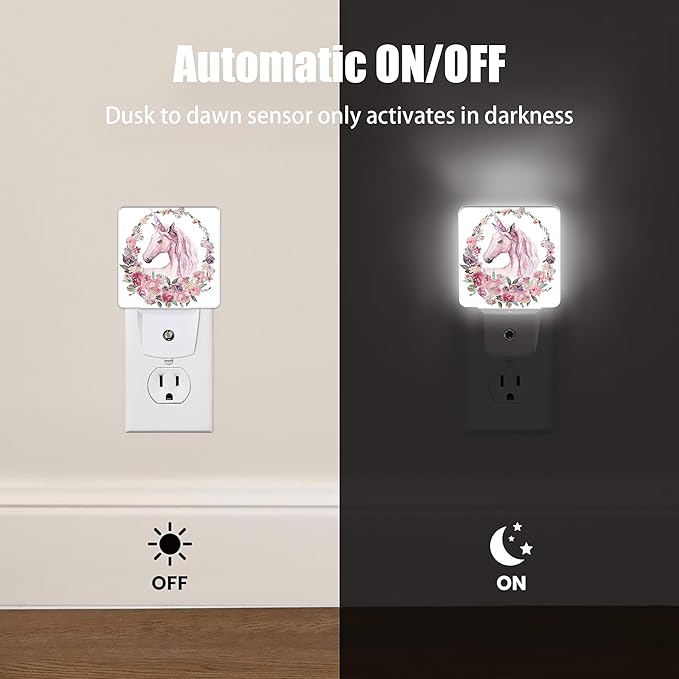 Pink Unicorn Night Light, Floral Night Lights Plug into Wall Decor for Bedroom, Bathroom, Hallway, Kitchen, Dusk to Dawn Sensor Nightlights for Boys Girls Women Men Room Gifts