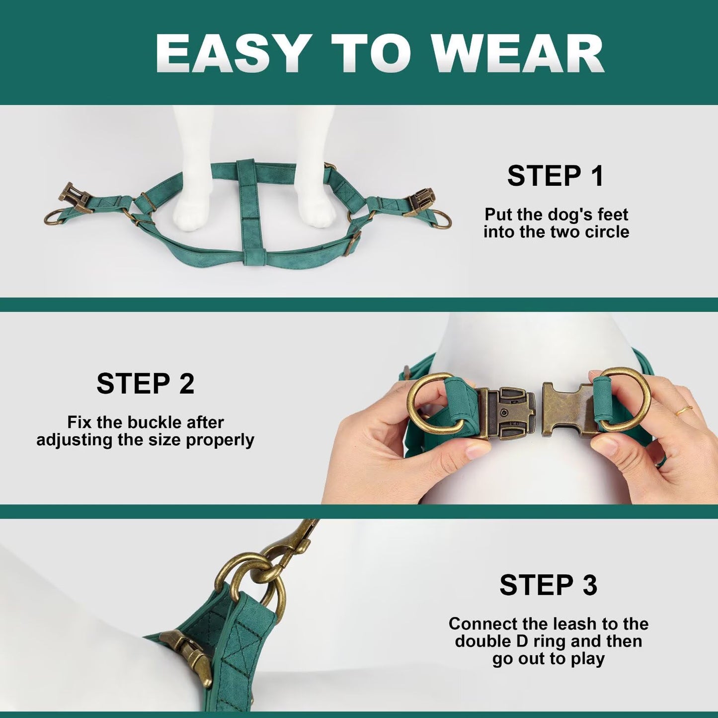 Didog Step in Dog Harness - PU Leather Dog Harness with Antique Bronze Metal Buckle, Easy Walk Dog Halter Harness for Medium Large Dogs Walking Training (Green, M: Chest 20-29")