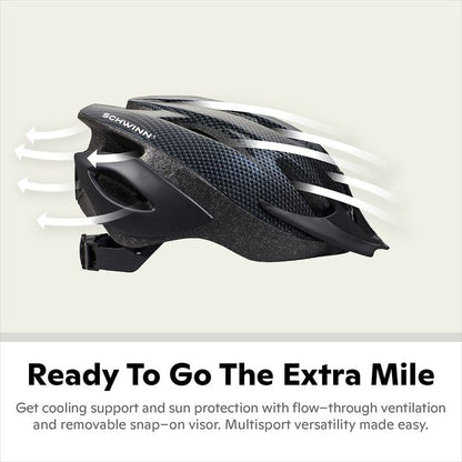 Schwinn Thrasher Helmet for Adults, Black, Size 58 - 62 cm, for Riders Ages 14+, Lightweight Microshell, Adjustable Dial and Straps, Interior Padding, 20 Air Vents, Removable Visor, Adult Bike Helmet