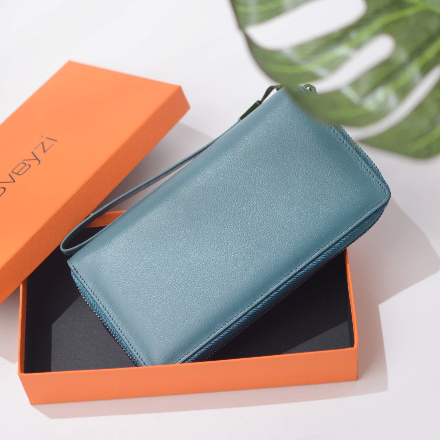 Bveyzi Women RFID Blocking Wallet Leather Zip Around Phone Clutch Large Capacity Ladies Travel Purse Wristlet (Lake Blue)