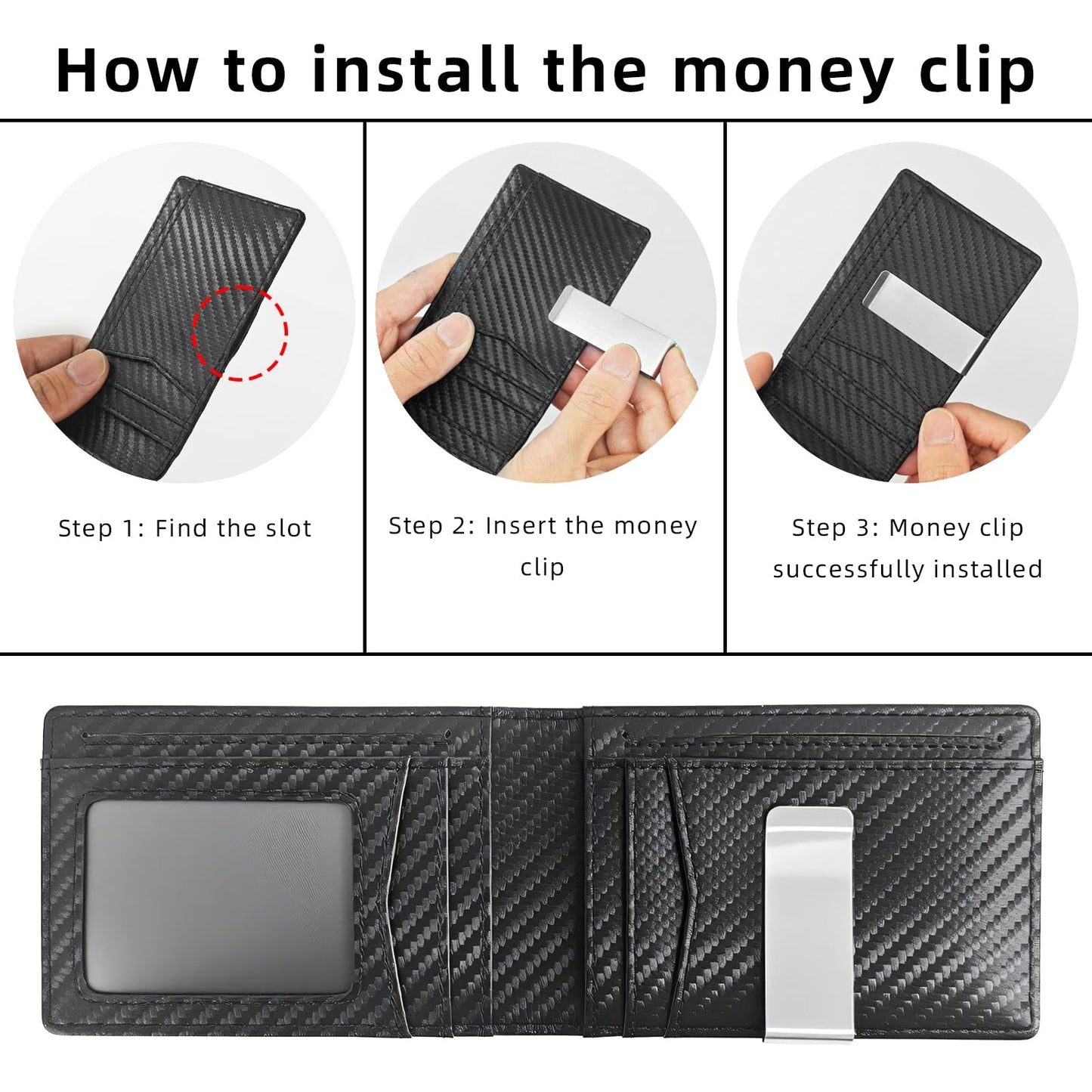 TOPFORGES RFID Wallet for Men with Money Clip (Removable) Slim Mens Wallet Carbon Fiber Front Pocket Minimalist Cash Card Holder Fits 11 Cards ID Window Includes Gift Box(Black