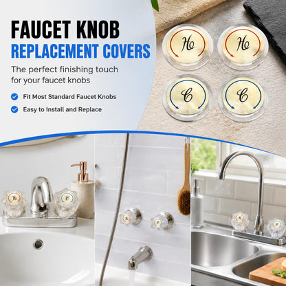 Universal Hot and Cold Faucet Index Buttons, 1.14 inch Inner Diameter Faucet Index Bathroom Sink Handle Buttons, Clear Acrylic with Gold for Delta/LDR/Delex/Peerless Two Clear Handles (4 pack)
