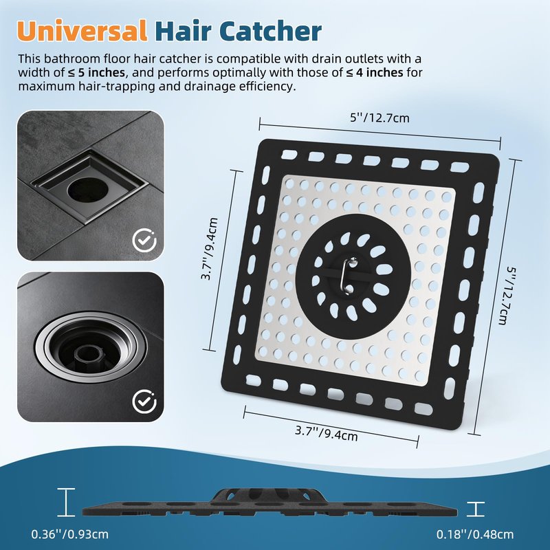 Hibbent Upgraded Shower Drain Hair Catcher, Shower Drain Cover for Bathroom Floor 4" Drain, Anti-Clogging Bathtub Drain Strainer, Stainless Steel Kitchen Sink Drain Strainer with Handle, Black