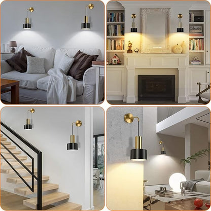 VerRon Set of 2 Battery Operated Wall Sconces, Wireless Wall Lights with Remote, Black & Gold Dimmable Wall Lamps with 3000K/4000K/6000K LED Bulbs, Modern Sconces for Bedroom Living Room Hallway