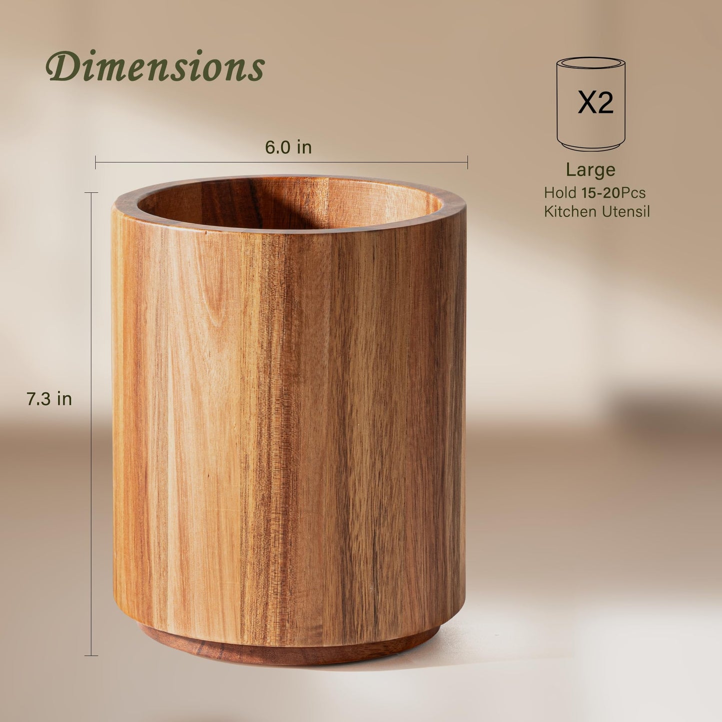 Criusia Utensil Holder 2 Pack, 360° Rotating Acacia Wood Cooking Utensil Crocks for Kitchen Counter, Farmhouse & Modern Decor, (2 Large)