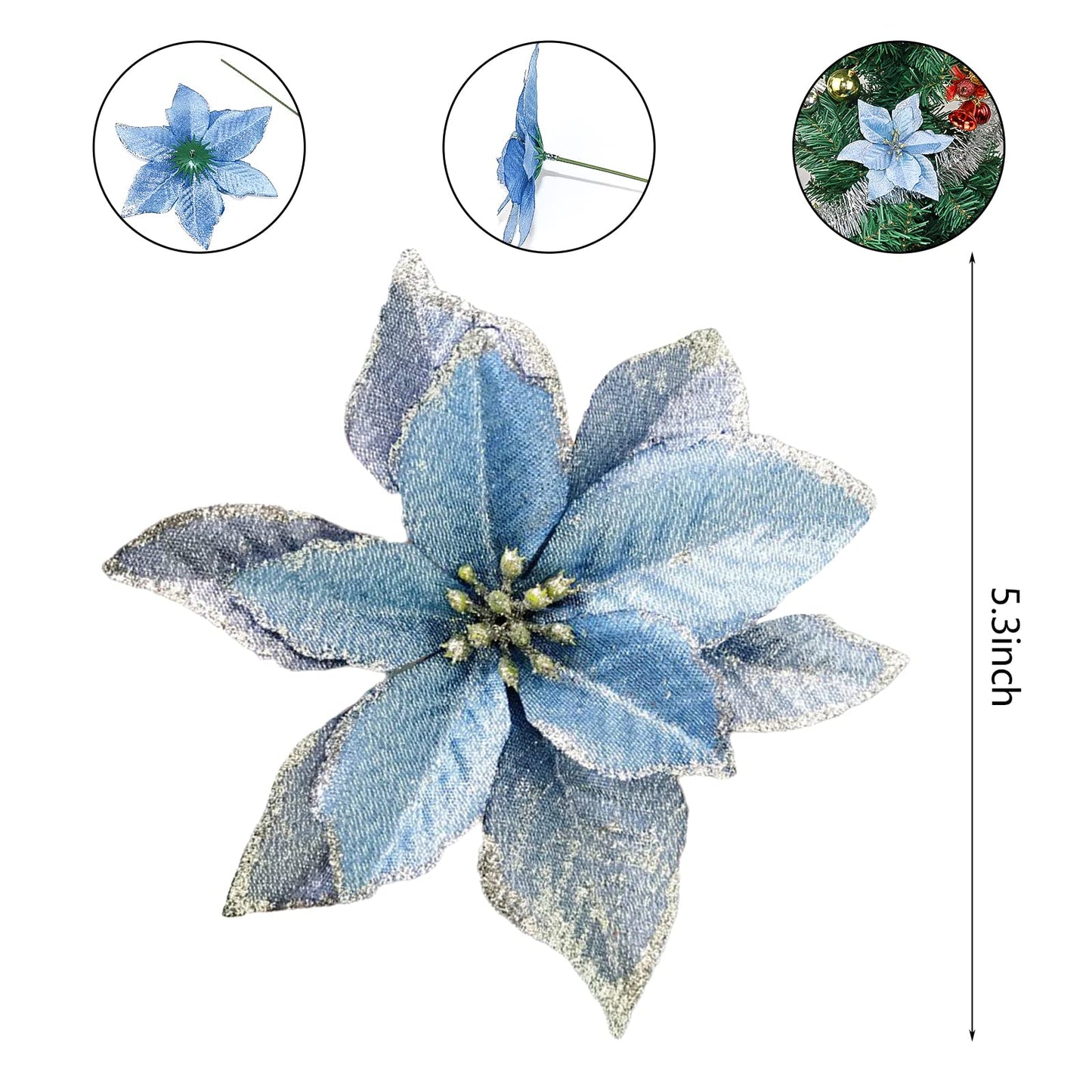 KEPATO Christmas Glitter Poinsettia Christmas Tree Ornaments Pack of 12 (Blue)