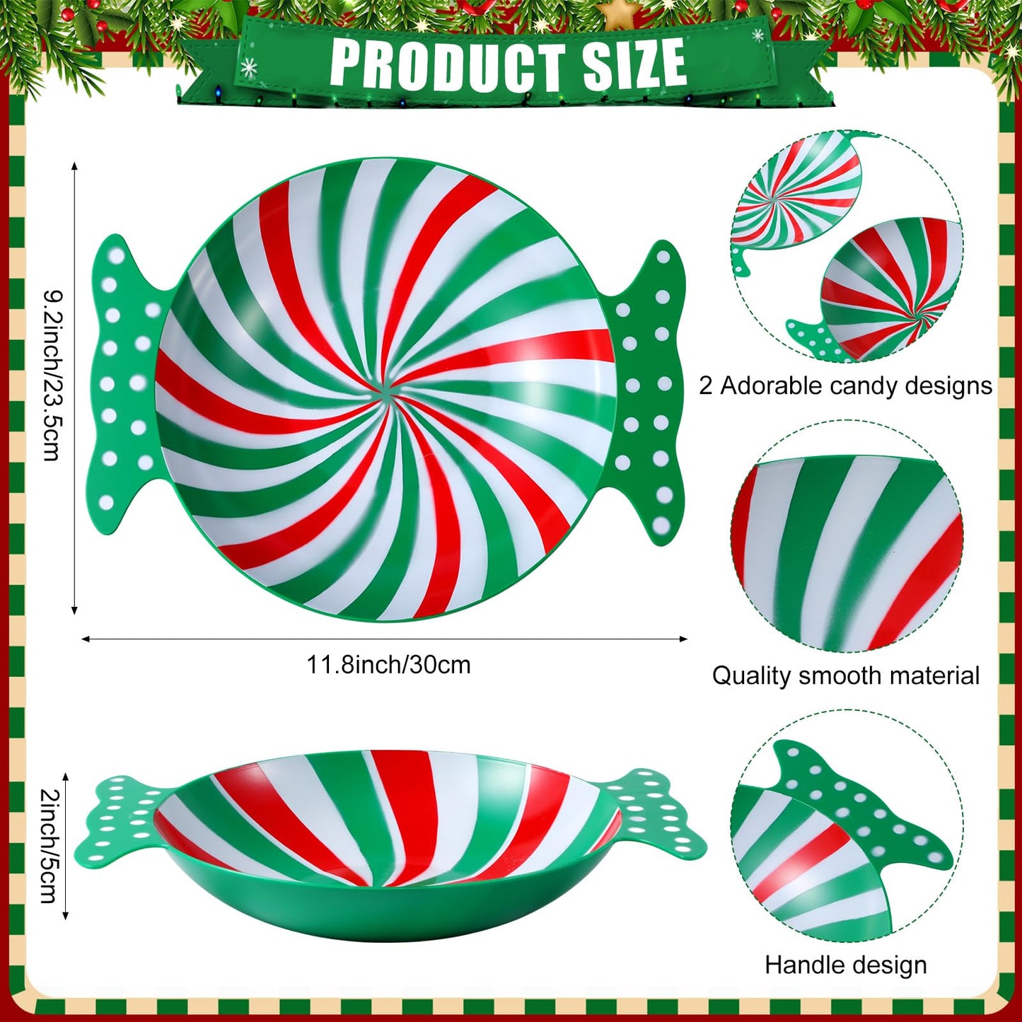 Wiwiqing 2 Pcs Christmas Peppermint Candy Tray Dishes Red Candy Platter Plastic Serving Dessert Plates Tableware Christmas Decorative Plates Dinnerware for Xmas Holiday Party Favor(Green)