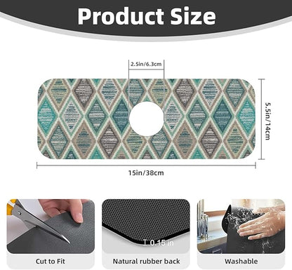 Teal And Brown Boho Style Kitchen Sink Splash Guard Faucet Mat Super Absorbent