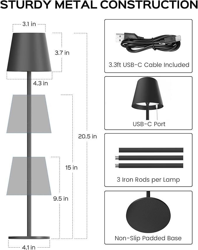 JACKYLED Cordless Table Lamps Rechargeable, 3 Adjustable Height, 5000mAh Battery Operated, 3 Colors Smooth Dimming, Portable LED Waterproof Table Lamp for Dining, Bedroom, Outdoor (2 Pack)