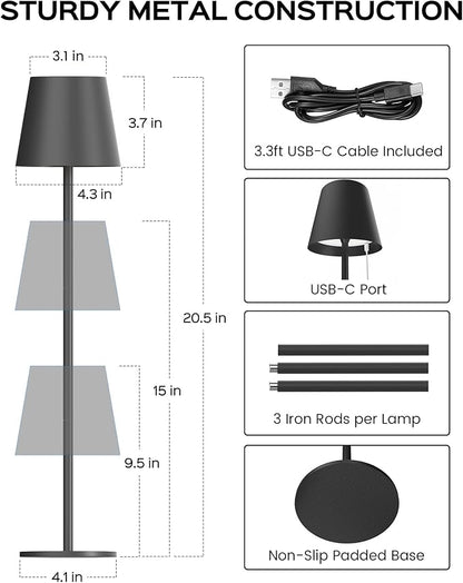 JACKYLED Cordless Table Lamps Rechargeable, 3 Adjustable Height, 5000mAh Battery Operated, 3 Colors Smooth Dimming, Portable LED Waterproof Table Lamp for Dining, Bedroom, Outdoor- Black