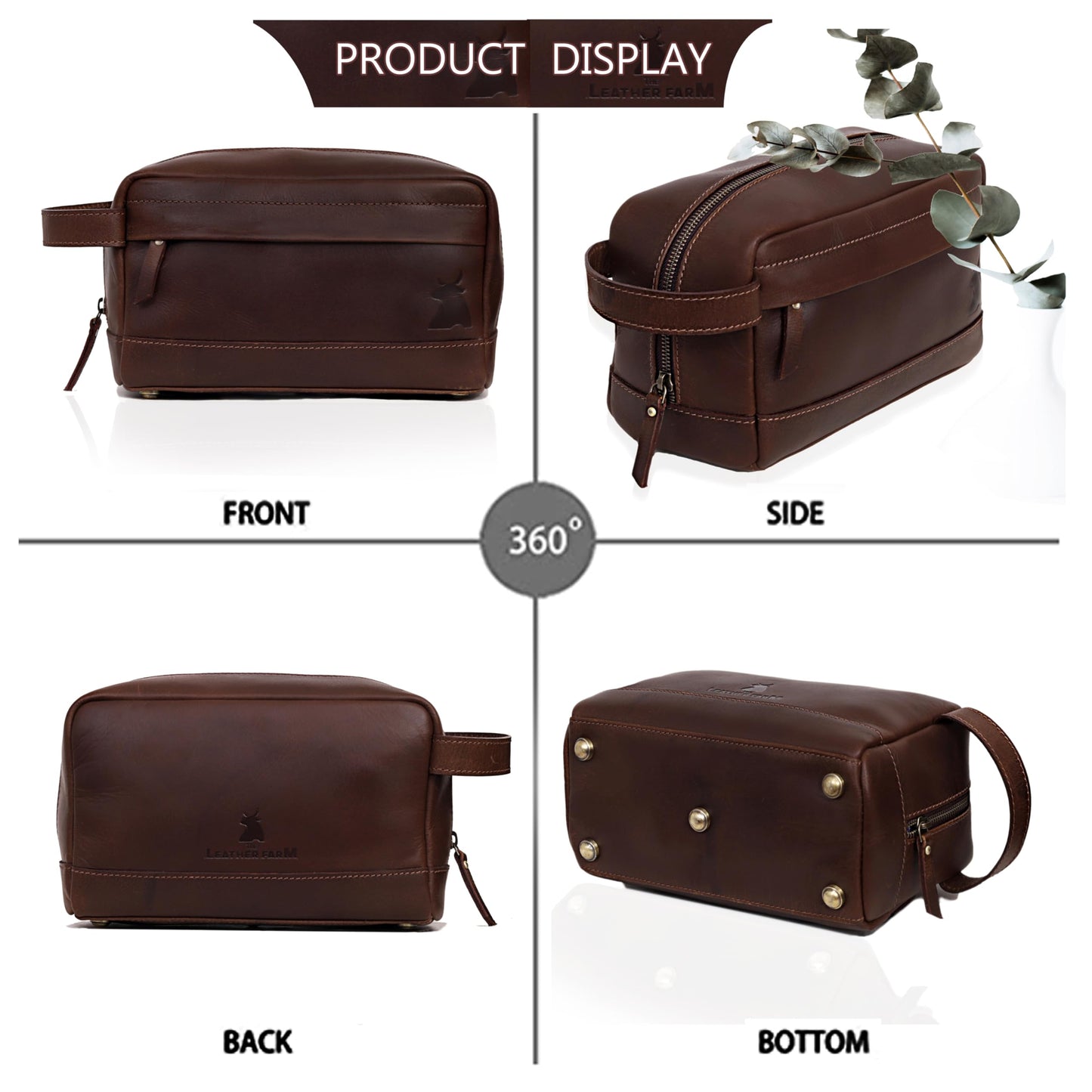 Leather Farm Premium Buffalo Leather Toiletry Bag for Men & Women - Dopp Kit With Water Resistant Lining, Shaving Pouch, Unisex Wash Bag For Toiletries, Gifts For Men and Women - Dark Brown