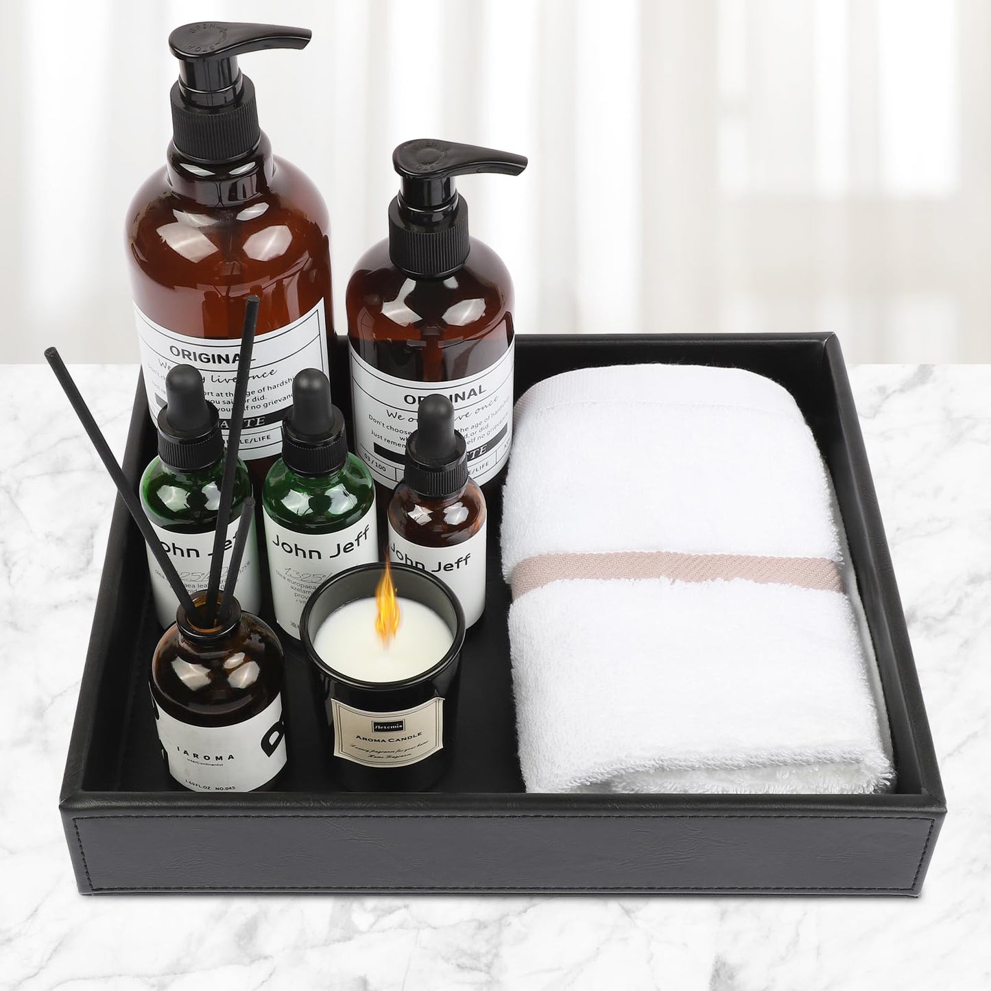 Leather Valet Organizer for Men – Black Catchall for Wallet, Keys, EDC, Jewelry, and Perfume – Nightstand, Dresser, and Bathroom Vanity Storage
