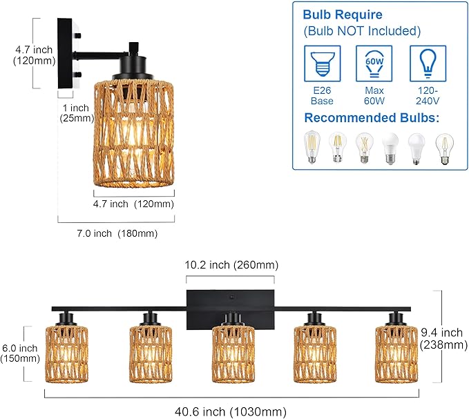 MELUCEE Farmhouse Bathroom Light Fixtures Rattan Wall Sconce 5 Light Bathroom Vanity Light with Rattan Lamp Shade, Black Finish, Suitable for Kitchen Hallway Living Room, 40.6 Inches Length